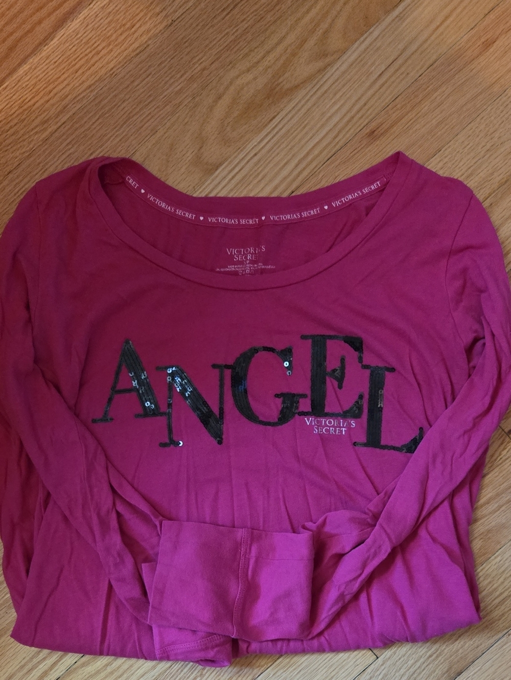 Victoria's Secret Long Sleeve Pajama Tee in Fuchsia with 'ANGEL' Sequin Graphic